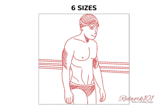 Men Professional Swimmer Redwork Embroidery Design